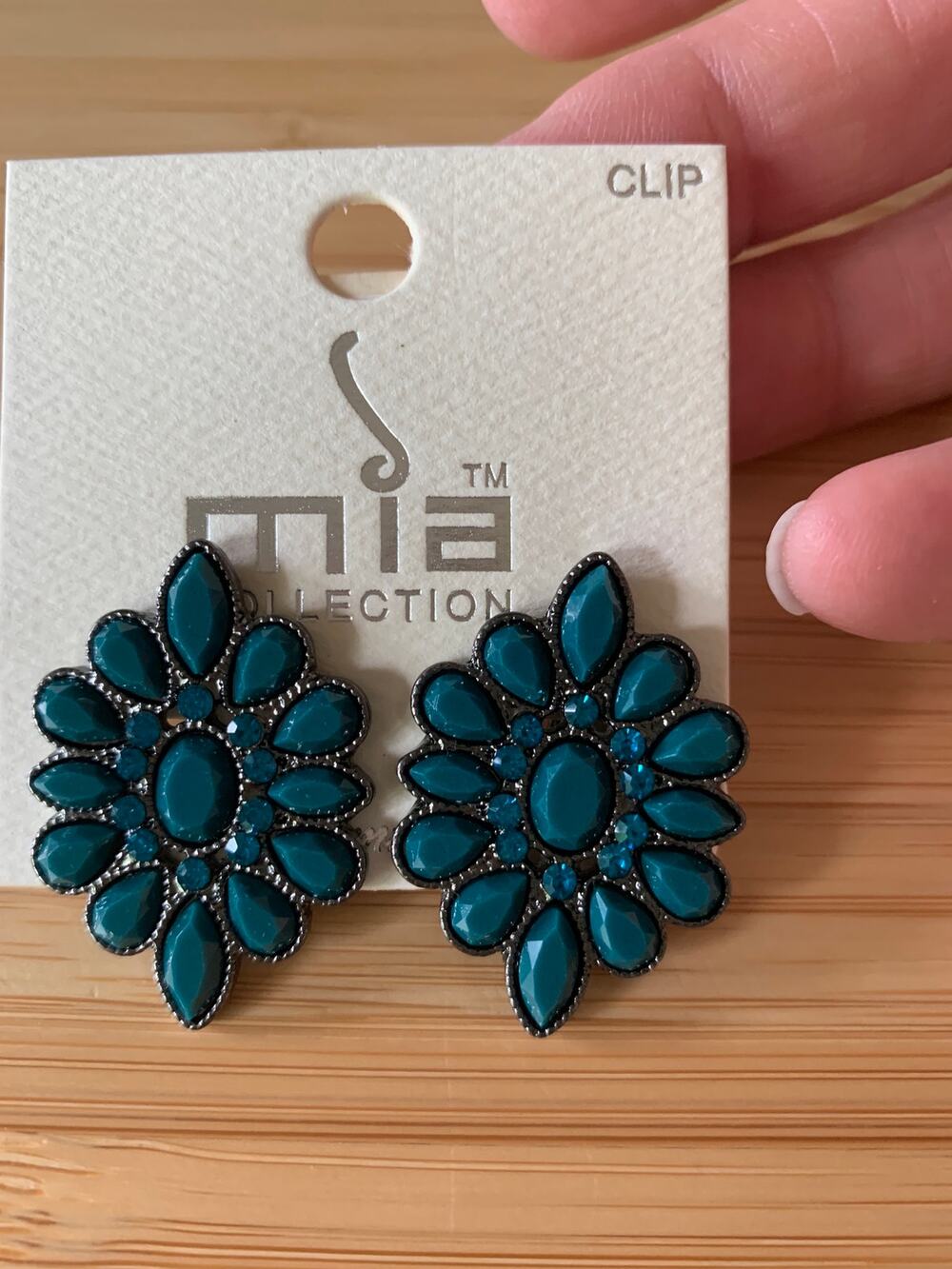 Teal Statement Earring  1 1/4 " x 3/4" Flower Cluster Clip On Gunmetal